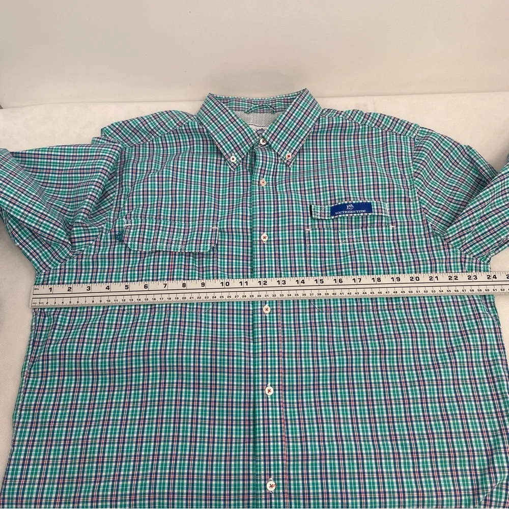 Southern Tide Red Drum Plaid Fishing Shirt Roll Tab Long Sleeve Sz L Atlas Green - Picture 8 of 13